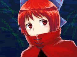 Rule 34 | 1girl, absurdres, blue background, bow, cape, facing viewer, faux traditional media, hair bow, highres, kisamu (ksmz), light frown, looking away, red eyes, red hair, sekibanki, short hair, solo, touhou, upper body, willow