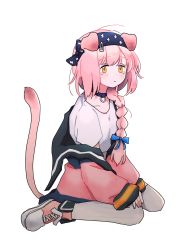 Rule 34 | 1girl, animal ears, arknights, blue bow, blue choker, blue hairband, bow, braid, braided ponytail, buiinq, cat ears, cat tail, choker, floppy ears, goldenglow (arknights), hair bow, hair ornament, hairband, hairclip, highres, jacket, lightning bolt print, lightning bolt symbol, long sleeves, pink footwear, pink hair, pink jacket, shirt, shoes, short sleeves, simple background, sitting, sneakers, solo, tail, tears, thighhighs, wariza, white background, white shirt, white thighhighs, yellow eyes