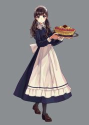 Rule 34 | 1girl, apron, blue dress, blue eyes, blush, brown footwear, cake, closed mouth, collared dress, dress, food, frills, full body, grey background, holding, holding tray, kashiwagi chisame, loafers, long hair, long sleeves, low twintails, maid, maid headdress, original, pantyhose, shoes, simple background, smile, solo, standing, tareme, tray, twintails, waist apron, white apron