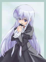 Rule 34 | 00s, 1girl, :d, anzelotte, black dress, blue background, brooch, cowboy shot, dress, frilled sleeves, frills, gem, jewelry, long hair, long sleeves, night wizard, open mouth, own hands together, purple eyes, silver hair, simple background, smile, solo, takano natsuki, upper body, very long hair