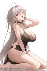 Rule 34 | 1girl, absurdres, ahoge, arm up, armpits, bare arms, bare shoulders, barefoot, between legs, black choker, black dress, breasts, choker, cleavage, commission, dress, fang, grey hair, hair between eyes, highres, k pring, large breasts, legs, long hair, looking at viewer, no bra, no panties, o-ring, o-ring dress, open mouth, original, pelvic curtain, pointy ears, red eyes, simple background, sitting, sleeveless, sleeveless dress, smile, solo, spaghetti strap, sweat, thighs, tongue, tongue out, very long hair, wariza, white background