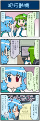 Rule 34 | 2girls, 4koma, :&lt;, artist self-insert, blue eyes, blue hair, breasts, chair, comic, commentary request, constricted pupils, desk, detached sleeves, frog hair ornament, gradient background, green eyes, green hair, hair ornament, hair tubes, hand up, heterochromia, highres, japanese clothes, juliet sleeves, computer keyboard, kochiya sanae, large breasts, long hair, long sleeves, mizuki hitoshi, monitor, multiple girls, nontraditional miko, open mouth, puffy sleeves, red eyes, shaded face, short hair, sitting, smile, snake hair ornament, tatara kogasa, touhou, translation request, vest, wide sleeves