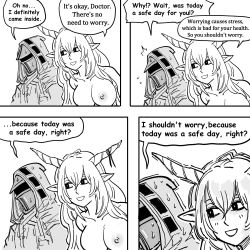 Rule 34 | 1boy, 1girl, absurdres, arknights, bb (baalbuddy), breasts, cloak, doctor (arknights), english text, greyscale, helmet, highres, hood, hooded cloak, horns, large breasts, meme, monochrome, nude, pointy ears, shining (arknights), simple background, speech bubble, white background