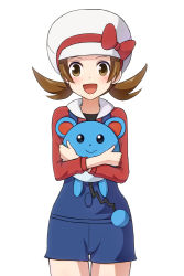 Rule 34 | 00s, 1girl, brown eyes, brown hair, creatures (company), game freak, gen 2 pokemon, hat, holding, looking at viewer, lyra (pokemon), marill, nintendo, open mouth, pokemon, pokemon (creature), pokemon hgss, simple background, twintails, white background, yukikan