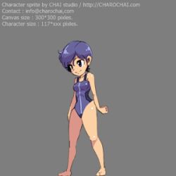 Rule 34 | 1girl, animated, animated gif, arm cannon, blue hair, bouncing breasts, breasts, charochai, crawling, lowres, medium breasts, one-piece swimsuit, purple eyes, running, short hair, solo, swimsuit, weapon
