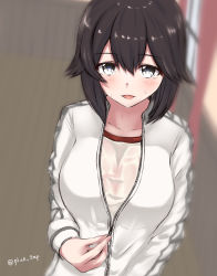 Rule 34 | 1girl, black hair, blurry, blurry background, blush, grey eyes, gym shirt, hallway, hayasui (kancolle), indoors, jacket, kantai collection, long sleeves, looking at viewer, open mouth, saplus, see-through, sexually suggestive, shirt, short hair, solo, track jacket, twitter username, unzipping, upper body, wet, wet clothes, white jacket, white shirt