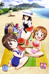 Rule 34 | 10s, 3girls, :d, absurdres, aged down, bag, barefoot, beach, beach chair, beach house, beach towel, beach umbrella, bikini, black hair, black one-piece swimsuit, blue one-piece swimsuit, blush stickers, bow, breasts, brown eyes, brown hair, casual one-piece swimsuit, cleavage, day, eating, feet, food, frilled bikini, frilled one-piece swimsuit, frilled swimsuit, frills, fruit, girls und panzer, giving, hair bow, handbag, hat, highres, horizon, indian style, jacket, jacket over swimsuit, knife, long hair, looking at viewer, looking back, low-tied long hair, medium breasts, mother and daughter, mountain, multiple girls, navel, nishizumi maho, nishizumi miho, nishizumi shiho, ocean, official art, one-piece swimsuit, open mouth, outdoors, palm tree, pink bikini, salt shaker, sandals, unworn sandals, scan, short hair, siblings, sisters, sitting, sleeves rolled up, smile, soles, striped towel, sugimoto isao, sun hat, swimsuit, toes, towel, tree, umbrella, wariza, watermelon