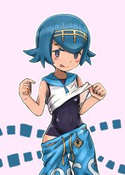 Rule 34 | 10s, 1girl, bare shoulders, blue eyes, blue hair, blunt bangs, child, closed mouth, cowboy shot, creatures (company), game freak, lana (pokemon), looking at viewer, matching hair/eyes, nintendo, one-piece swimsuit, pokemon, pokemon sm, sleeveless, solo, standing, swimsuit, swimsuit under clothes, tongue, tongue out