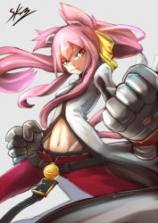 Rule 34 | 1girl, animal ears, bell, belt, blazblue, cat ears, cat tail, clenched hands, glasses, groin, hair ribbon, kokonoe (blazblue), long hair, mechanical arms, midriff, multiple tails, navel, orange eyes, pants, pince-nez, pink hair, ponytail, red pants, ribbon, slit pupils, solo, sowel (sk3), tail, toned, two side up