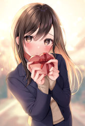 Rule 34 | 1girl, black jacket, blurry, blurry background, blush, box, brown eyes, brown hair, closed mouth, gift, heart-shaped box, highres, holding, holding gift, jacket, long hair, long sleeves, looking at viewer, original, school uniform, solo, upper body, valentine, yugirlpict