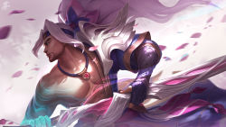 Rule 34 | 1boy, beard, black gloves, closed mouth, commentary, english commentary, facial hair, fingerless gloves, from side, gloves, gradient background, grey background, highres, holding, holding weapon, jewelry, league of legends, long hair, male focus, necklace, petals, ponytail, profile, solo, spirit blossom yasuo, upper body, vegacolors, weapon, white hair, yasuo (league of legends)