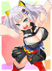 Rule 34 | 1girl, :d, armpits, arms up, blue eyes, blush, breasts, cleavage, cleavage cutout, clothing cutout, dress, covered erect nipples, eyelashes, fang, from above, groin, hair ornament, half-closed eyes, highres, kaguya luna, large breasts, looking at viewer, no panties, obi, onsoku inu, open mouth, sash, silver hair, skirt, smile, solo, standing, teeth, the moon studio, thighhighs, twintails, v-shaped eyebrows, virtual youtuber
