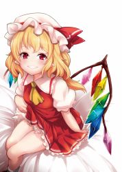 Rule 34 | arm support, ascot, blonde hair, blush, clothes lift, crystal, fang, flandre scarlet, grin, hat, hat ribbon, looking at viewer, looking up, miniskirt, mob cap, nikke (cherish), pointy ears, puffy short sleeves, puffy sleeves, red eyes, red skirt, ribbon, short sleeves, side ponytail, sitting, skirt, skirt lift, skirt set, smile, solo, thighs, touhou, wings