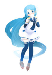 Rule 34 | 10s, 1girl, absurdly long hair, black thighhighs, blue eyes, blue hair, blush, chagen kokimu, covering own mouth, elbow gloves, full body, gloves, highres, kantai collection, letter, long hair, looking at viewer, love letter, matching hair/eyes, samidare (kancolle), school uniform, serafuku, shirt, simple background, skirt, solo, thighhighs, very long hair, zettai ryouiki