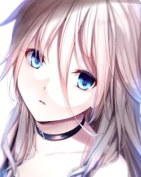 Rule 34 | 1girl, blue eyes, collarbone, hair between eyes, highres, ia (vocaloid), jun (sky ia 127 snow), long hair, looking at viewer, open mouth, portrait, silver hair, solo, vocaloid, white background