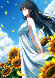 Rule 34 | 1girl, arms behind back, black hair, blurry, cloud, day, depth of field, dress, closed eyes, flower, highres, nicoby, original, petals, profile, sky, solo, sundress, sunflower