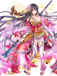 Rule 34 | 1girl, bare shoulders, barefoot, bird, black hair, breasts, cleavage, detached pants, flower, hair flower, hair ornament, japanese clothes, jewelry, long hair, mouth hold, onimusha soul, polearm, sandals, solo, sparrow, standing, very long hair, weapon, yuki hanana