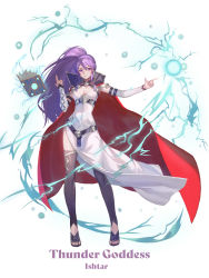 Rule 34 | 1girl, absurdres, book, boots, breasts, bridal gauntlets, character name, choker, cleavage, cloak, cross, cross choker, detached sleeves, dress, electricity, fire emblem, fire emblem: genealogy of the holy war, fire emblem heroes, floating, floating book, floating object, highres, ishtar (fire emblem), lightning, long hair, looking at viewer, medium breasts, nintendo, obsession, official alternate costume, open book, pointing, ponytail, purple eyes, side slit, solo, thigh boots, thighhighs, toes, toned, very long hair, white dress