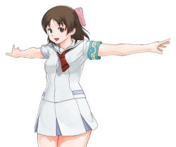Rule 34 | 1girl, aoi minamo, bad id, bad pixiv id, bow, brown eyes, brown hair, hair ribbon, happy, necktie, outstretched arms, pink bow, real drive, ribbon, school uniform, serafuku, solo, spread arms, supi