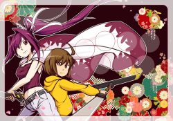 Rule 34 | 2girls, ahoge, arcade stick, back-to-back, battoujutsu stance, breasts, brown eyes, brown hair, cape, cherry blossoms, cleavage, controller, fighting stance, game controller, hair intakes, hair ribbon, hand on own hip, hood, hood down, hoodie, joelyn lai, joystick, linne, long hair, lyn (shunao), md5 mismatch, medium breasts, multiple girls, ootachi, ponytail, purple hair, ready to draw, red eyes, reverse grip, ribbon, sword, under night in-birth, very long hair, weapon, yuzuriha (under night in-birth)