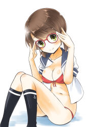 Rule 34 | 1girl, bespectacled, bikini, black socks, blue sailor collar, breasts, brown eyes, brown hair, cleavage, collarbone, commentary request, feet out of frame, front-tie bikini top, front-tie top, glasses, green eyes, highres, kantai collection, low twintails, medium breasts, open clothes, open shirt, parted bangs, red-framed eyewear, red bikini, sailor collar, sailor shirt, school uniform, serafuku, shirayuki (kancolle), shirt, short hair, short twintails, simple background, sitting, smile, socks, solo, swimsuit, taisinkoku, twintails, white background, white shirt