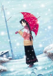 Rule 34 | 1girl, artist name, braid, dress, female focus, footprints, highres, holding, kobayashi yuji, looking at viewer, looking back, outdoors, skirt, snow, snowing, solo, sweater, twin braids, umbrella