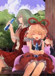 Rule 34 | 2girls, ascot, black dress, black ribbon, black shirt, blonde hair, bottle, bow, closed eyes, cloud, collared shirt, commentary request, dress, drinking, dripping, fairy wings, forest, frilled neckwear, green hair, hair between eyes, hair bow, hair ribbon, highres, hinohikari, interlocked fingers, kazami yuuka, looking afar, looking at another, medicine melancholy, multiple girls, nature, neck ribbon, open clothes, open vest, outdoors, petticoat, pink ribbon, plaid, plaid skirt, plaid vest, ponytail, profile, purple sky, red bow, red eyes, red ribbon, red shirt, red skirt, red vest, resting, ribbon, ribbon-trimmed dress, shirt, short hair, short sleeves, sitting, skirt, skirt set, sky, sleeveless, sleeveless shirt, su-san, sunset, touhou, tree, twilight, vest, water bottle, wavy hair, white shirt, wings, yellow neckwear