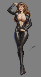 Rule 34 | 1girl, abs, adjusting eyewear, biker clothes, bikesuit, black bodysuit, bodysuit, boots, breasts, breasts out, brown eyes, brown hair, cleavage, commentary, commission, eyewear on head, full body, grey background, highres, large breasts, latex, latex bodysuit, long hair, lupin iii, mine fujiko, nipples, no bra, open bodysuit, open clothes, pixiv commission, signature, simple background, sirenlin, skin tight, solo, sunglasses, sunglasses on head, unzipped, unzipping, zipper