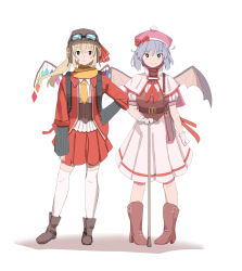 Rule 34 | 2girls, absurdres, adapted costume, alternate costume, bat wings, blonde hair, boots, cane, contrapposto, fang, flandre scarlet, goggles, goggles on head, goggles on headwear, hand on own hip, hat, highres, looking at viewer, multiple girls, pigeon-toed, red eyes, remilia scarlet, ribbon, scarf, siblings, simple background, sisters, skin fang, sleeves past wrists, smile, thighhighs, touhou, vanilla flan, white background, wings, yellow scarf