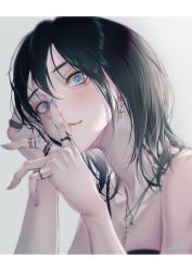 Rule 34 | 1girl, bare shoulders, black hair, blue eyes, blue nails, blush, earrings, hair between eyes, hands up, highres, jewelry, letterboxed, looking at viewer, medium hair, multiple rings, nail polish, necklace, original, parted lips, ring, signature, simple background, solo, xi-u