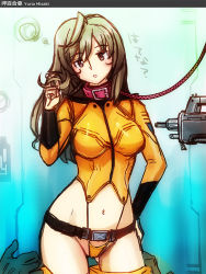 Rule 34 | 10s, 1girl, ahoge, assault rifle, bdsm, belt, bondage, bound, breasts, brown eyes, brown hair, character name, clothes pull, collar, gun, twirling hair, hand on own hip, highleg, highleg panties, large breasts, leash, md5 mismatch, misaki yuria, navel, panties, pants, pants pull, playing with hair, rifle, skin tight, slave, solo, translation request, uchuu senkan yamato, uchuu senkan yamato 2199, underwear, weapon, zero hime