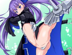 Rule 34 | 10s, 1girl, arched back, arm up, armor, armored boots, ass, bad anatomy, black coat, boots, bottomless, coat, commentary request, crotch plate, fate/extra, fate/extra ccc, fate/grand order, fate (series), female focus, flat chest, groin, high kick, kicking, long hair, long sleeves, meltryllis (fate), navel, no pants, open clothes, open coat, purple eyes, purple hair, revealing clothes, ribbon, sleeves past wrists, solo, spikes, very long hair