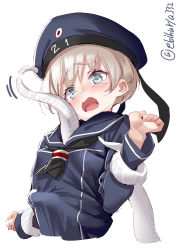 Rule 34 | 1girl, black dress, black hat, black sailor collar, blue eyes, blush, cropped torso, dress, ebifurya, hat, highres, kantai collection, long sleeves, open mouth, sailor collar, sailor dress, sailor hat, short hair, silver hair, simple background, solo, tears, tentacles, tentacles under clothes, twitter username, white background, z1 leberecht maass (kancolle)