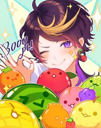Rule 34 | 1boy, absurdres, ahoge, apple, black hair, blonde hair, blue background, blush, cantaloupe, cherry, closed mouth, commentary, eyelashes, food, fruit, grapes, halftone, hand up, highres, long hair, looking at viewer, male focus, mochigome (yum), multicolored hair, nijisanji, nijisanji en, ok sign, one eye closed, orange (fruit), parted bangs, peach, persimmon, pineapple, pink hair, purple eyes, purple hair, shirt, shu yamino, sidelocks, simple background, smile, solo, sparkle, star (symbol), strawberry, streaked hair, suika game, swept bangs, upper body, v-shaped eyebrows, virtual youtuber, watermelon, white shirt