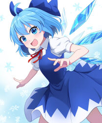 Rule 34 | 1girl, :d, ahoge, blue bow, blue dress, blue hair, blush, bow, cirno, collared shirt, commentary request, cowboy shot, dress, floating hair, hair between eyes, hair bow, hand up, highres, ice, ice wings, index finger raised, kisaragi koushi, looking at viewer, neck ribbon, open mouth, outstretched arm, puffy short sleeves, puffy sleeves, red ribbon, ribbon, shirt, short hair, short sleeves, simple background, sleeveless, sleeveless dress, smile, smug, snowflakes, solo, tareme, touhou, v-shaped eyebrows, white background, white shirt, wings