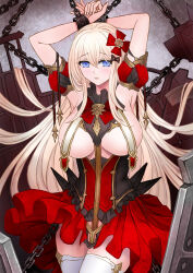 Rule 34 | 1girl, armpits, arms up, azur lane, bare shoulders, bdsm, between breasts, blonde hair, blue eyes, bondage, bound, bound wrists, breast curtains, breasts, chain, chained, cowboy shot, cross, cuffs, detached sleeves, dress, fortune (meta) (azur lane), hair between eyes, hair ornament, highres, large breasts, long hair, looking at viewer, presenting armpit, puffy short sleeves, puffy sleeves, red dress, restrained, sai-go, shackles, short dress, short sleeves, solo, standing, strap between breasts, thighhighs, very long hair, white thighhighs, zettai ryouiki