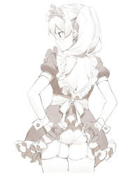 Rule 34 | 1girl, 2l (2lsize), ass, blush, closed mouth, frills, from behind, garter straps, gloves, greyscale, half gloves, highres, looking to the side, maid, maid headdress, monochrome, nose blush, original, profile, puffy short sleeves, puffy sleeves, short sleeves, simple background, solo, thighhighs, twintails, wrist cuffs