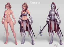 Rule 34 | 1girl, armor, bare shoulders, barefoot, boobplate, breastplate, breasts, brown hair, character name, character sheet, cleavage, cleavage cutout, cleft of venus, closed mouth, clothing cutout, completely nude, contrapposto, full armor, gauntlets, grey background, helmet, highres, holding, holding weapon, looking at viewer, lucerne hammer, medium breasts, armored boots, multiple views, navel, nipples, nude, original, pauldrons, pelvic curtain, personal ami, plume, polehammer, ponytail, pussy, shoulder armor, simple background, smile, standing, therana (personal ami), toned, uncensored, waist cape, war hammer, weapon