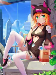 Rule 34 | 1girl, absurdres, animal ears, animal hat, bikini, bikini top only, blue sky, blush, bracelet, brand name imitation, breasts, building, cat ears, cat hat, cat tail, city, cleavage, collar, collarbone, day, green eyes, hat, high heels, highres, jewelry, leaf, long hair, looking at viewer, medium breasts, orange hair, original, revision, shorts, sitting, sky, skyscraper, smile, solo, sonikey0 0, swimsuit, tail, thighhighs