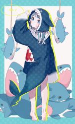 Rule 34 | 1girl, animal hood, arm up, barefoot, blue eyes, blue hair, blue hoodie, blush, closed mouth, colored shadow, drop shadow, fins, fish tail, gawr gura, gawr gura (1st costume), highres, hololive, hololive english, hood, hood up, hoodie, long sleeves, looking at viewer, looking back, misumi (macaroni), multicolored hair, polka dot, shadow, shark hood, shark tail, sleeves past wrists, soles, solo, standing, streaked hair, stuffed animal, stuffed shark, stuffed toy, tail, tiptoes, virtual youtuber, white hair