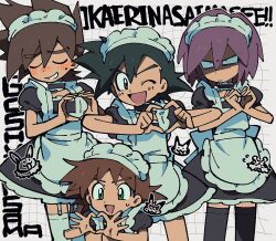 Rule 34 | alternate costume, apron, ash ketchum, black dress, black hair, black thighhighs, blush, brown eyes, brown hair, choker, closed eyes, closed mouth, commentary request, creatures (company), crossdressing, dress, eevee, electivire, enmaided, game freak, garter straps, gary oak, gen 1 pokemon, gen 4 pokemon, green eyes, heart, heart hands, maid, maid headdress, male focus, multiple boys, nintendo, one eye closed, open mouth, paul (pokemon), pikachu, pokemon, pokemon (anime), pokemon (classic anime), pokemon dppt (anime), purple hair, ritchie (pokemon), romaji text, sameyama jiro, shaded face, short sleeves, simple background, spiked hair, sweat, thighhighs, u u, white apron, white thighhighs