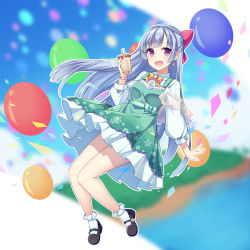Rule 34 | 1girl, :d, absurdres, amemiya ruki, balloon, black footwear, blunt bangs, bobby socks, bow, bubble tea, commentary, cup, disposable cup, dress, earrings, floral print, full body, green skirt, hair bow, highres, jewelry, long hair, long sleeves, looking at viewer, mary janes, neck ribbon, open mouth, original, outline, pinafore dress, puffy long sleeves, puffy sleeves, red bow, red eyes, ribbon, shirt, shoes, silver hair, skirt, sleeveless dress, smile, socks, solo, very long hair, white outline, white shirt, white socks, wristband, yellow ribbon