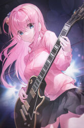 Rule 34 | 1girl, absurdres, backlighting, black skirt, blue eyes, bocchi the rock!, commentary, crystalherb, cube hair ornament, gotoh hitori, guitar, hair ornament, highres, indoors, instrument, jacket, music, pink jacket, playing guitar, playing instrument, skirt, solo, stage lights, standing, sweat, symbol-only commentary, track jacket