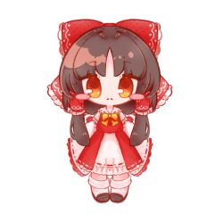 Rule 34 | 1girl, :&lt;, black footwear, blush stickers, bow, bowtie, brown hair, chibi, closed mouth, detached sleeves, dress, frilled bow, frilled hair tubes, frills, hair bow, hair tubes, hakurei reimu, highres, inukkomaru, long hair, looking at viewer, red bow, red dress, simple background, socks, solo, standing, touhou, white background, white socks, yellow bow, yellow bowtie, yellow eyes
