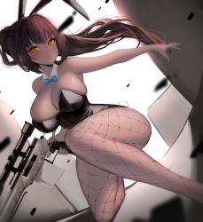 Rule 34 | 1girl, absurdres, bbolalus, black leotard, blue archive, blush, bow, bowtie, breasts, brown hair, curvy, dark-skinned female, dark skin, fishnets, gun, highleg, highleg leotard, highres, holding, holding weapon, karin (blue archive), karin (bunny) (blue archive), large breasts, leotard, long hair, official alternate costume, orange eyes, pantyhose, playboy bunny, ponytail, rifle, shiny clothes, shiny skin, slit pupils, solo, thong leotard, traditional bowtie, very long hair, weapon, wide hips