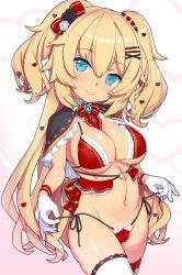 Rule 34 | 1girl, akai haato, akai haato (gothic lolita), blonde hair, blue eyes, bow, bra, breasts, cameltoe, capelet, gloves, hair bow, hair ornament, hairclip, heart, heart hair ornament, highres, hololive, najimi shin, navel, panties, red bra, red panties, shiny skin, short twintails, side-tie panties, smile, string panties, thighhighs, twintails, underwear, virtual youtuber, white gloves, white thighhighs