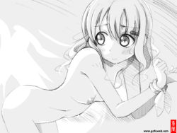 Rule 34 | 1girl, aislinn wishart, bent over, blush, bound, bound wrists, breasts, gofu, greyscale, looking back, monochrome, nipples, nude, object behind ear, ribbon, saki (manga), short hair, sketch, small breasts, solo, traditional media