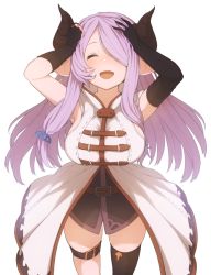 Rule 34 | 10s, 1girl, :d, ^ ^, armpits, breasts, closed eyes, demon horns, draph, closed eyes, female focus, granblue fantasy, hair over one eye, hands on own head, horns, large breasts, light purple hair, long hair, narmaya (granblue fantasy), open mouth, pointy ears, simple background, skindentation, smile, solo, tobi-mura, white background