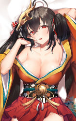 Rule 34 | 1girl, ahoge, arm behind head, azur lane, bare shoulders, black hair, blush, breasts, cleavage, collarbone, dakimakura (medium), hair between eyes, hair ribbon, hand up, iiiroha, japanese clothes, kimono, large breasts, long hair, looking at viewer, mask, mask on head, obi, off shoulder, open mouth, pleated skirt, red eyes, red kimono, red ribbon, ribbon, sash, sidelocks, skirt, smile, solo, striped ribbon, taihou (azur lane), twintails, very long hair, wide sleeves