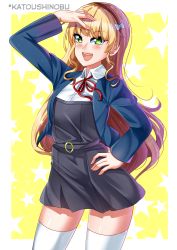 Rule 34 | 1girl, :d, absurdres, blonde hair, blue jacket, blunt bangs, blush, bow, cowboy shot, dress, floating hair, green eyes, grey dress, hair bow, hairband, hand on own hip, hand up, heanna sumire, highres, jacket, katou shinobu, looking at viewer, love live!, love live! superstar!!, open clothes, open jacket, open mouth, orange hairband, pinafore dress, red ribbon, ribbon, short dress, simple background, skindentation, sleeveless dress, smile, solo, thighhighs, white bow, white thighhighs